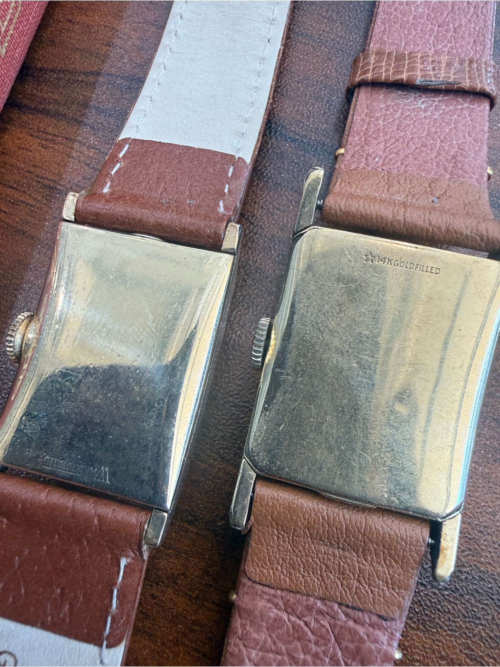 Lord Elgin Vintage Pair of Rectangular Gold-Tone Watches - Brown Straps - Picture 2 of 2